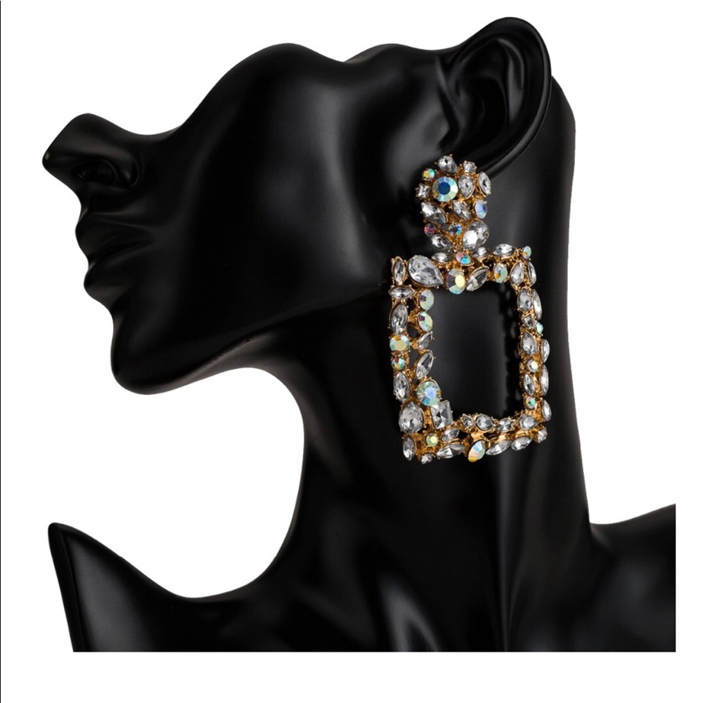 Gold & Rhinestone Drop Statement Earrings - Picture 2 of 3